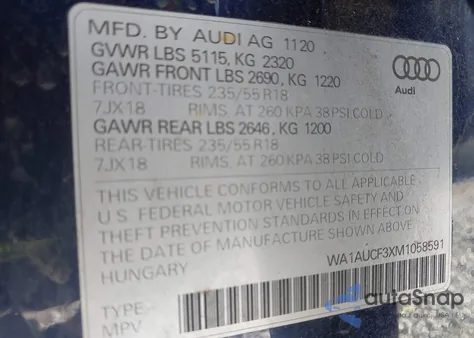 2021 Audi Q3 Premium 40 Tfsi Quattro Tiptronic z USA, uszkodzony, nr VIN WA1AUCF3XM1058591